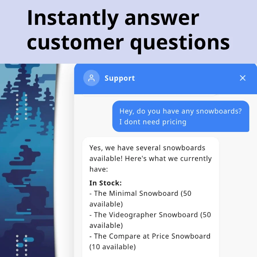 Chat widget answering a customer question with a list of in-stock snowboards from the live catalog