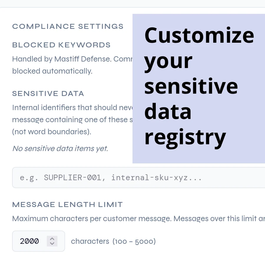 Compliance settings page with blocked keywords, a custom sensitive data registry, and a message length limit